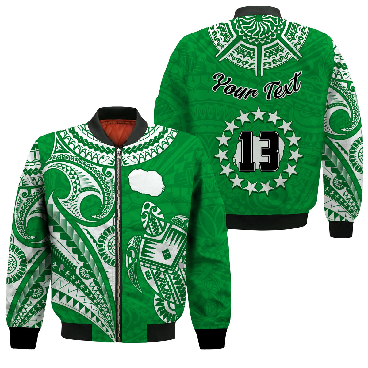(Custom Text and Number) Rarotonga Cook Islands Bomber Jacket Turtle and Map Style Green LT13 Unisex Green - Polynesian Pride