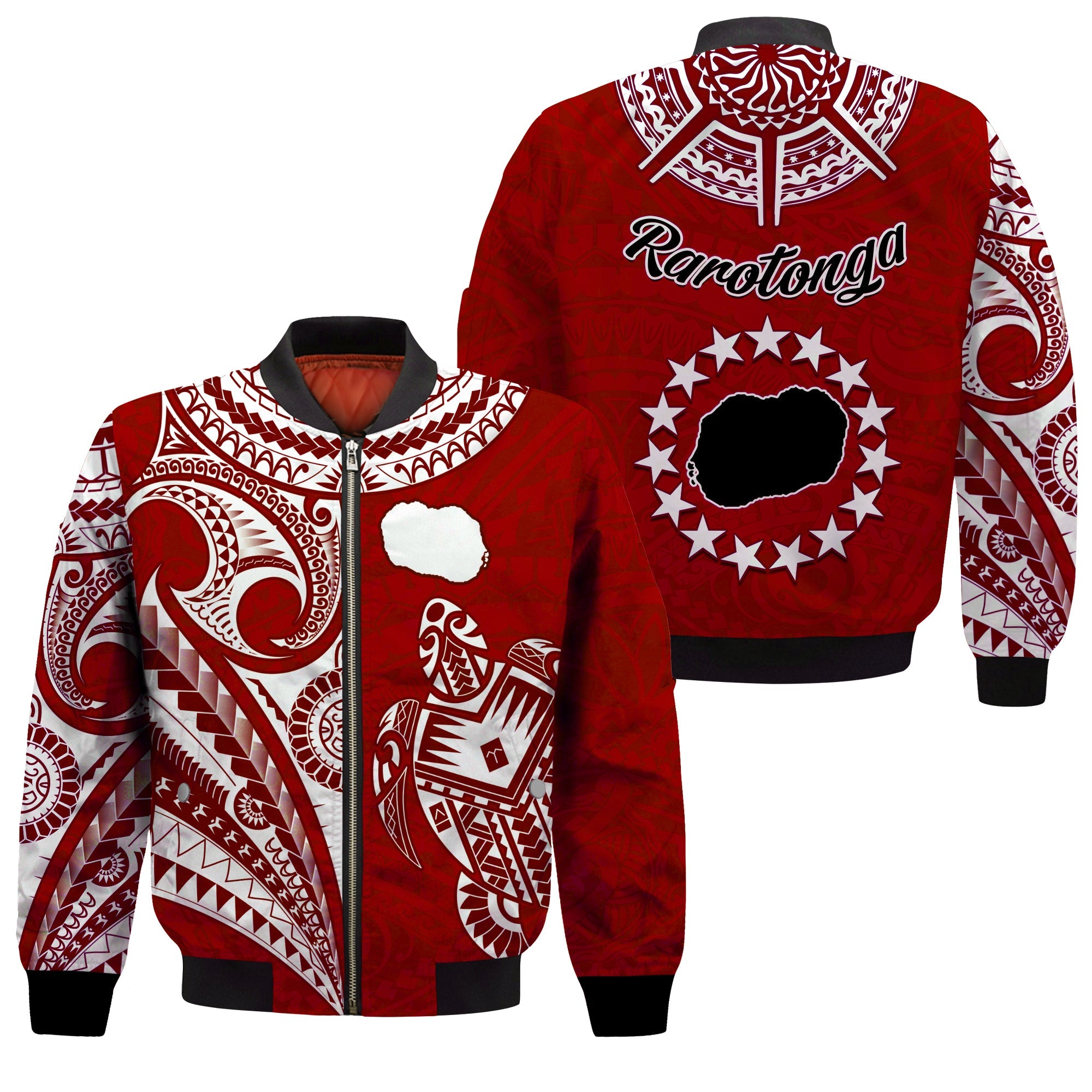 Rarotonga Cook Islands Bomber Jacket Turtle and Map Style Red LT13 Unisex Red - Polynesian Pride
