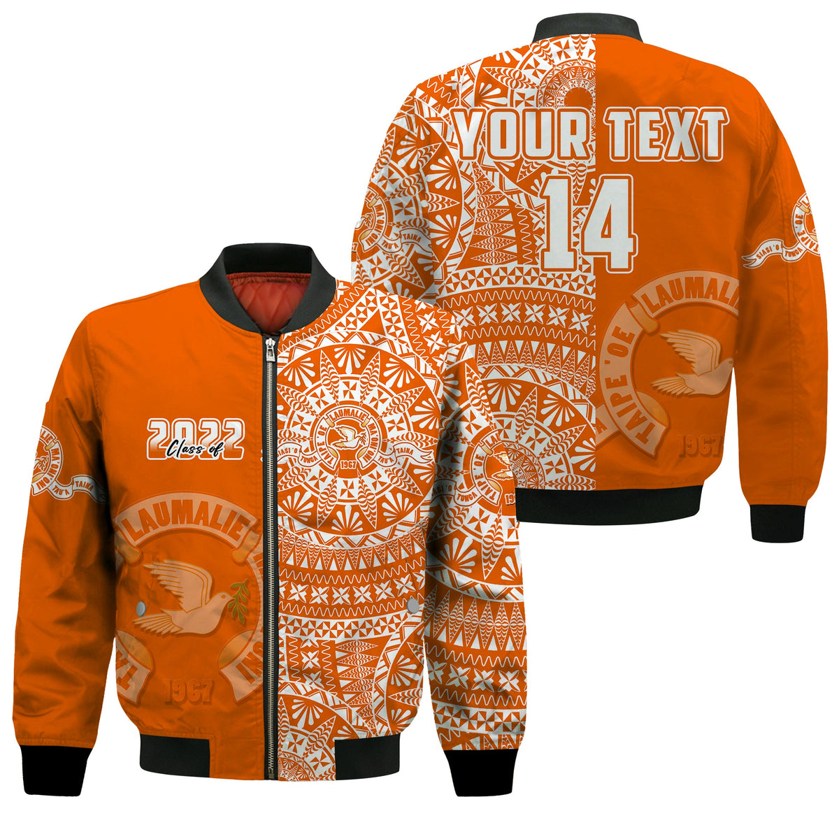 (Custom Text And Number) Tailulu Tonga College Bomber Jacket Class Of Year Tongan Ngatu Pattern LT14 Unisex Orange - Polynesian Pride