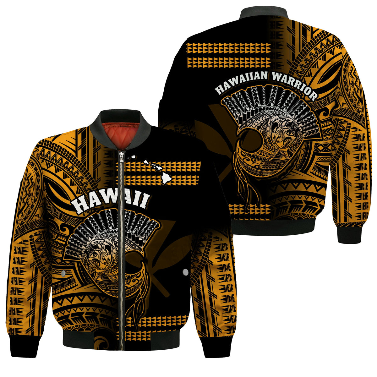 Hawaii Bomber Jacket Kakau Warrior Helmet Gradient Gold Polynesian LT14 Unisex Gold - Polynesian Pride