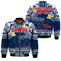 Samoa Bomber Jacket Samoan Plumeria Flowers Mix Polynesian Pattern LT14 Unisex Blue - Polynesian Pride
