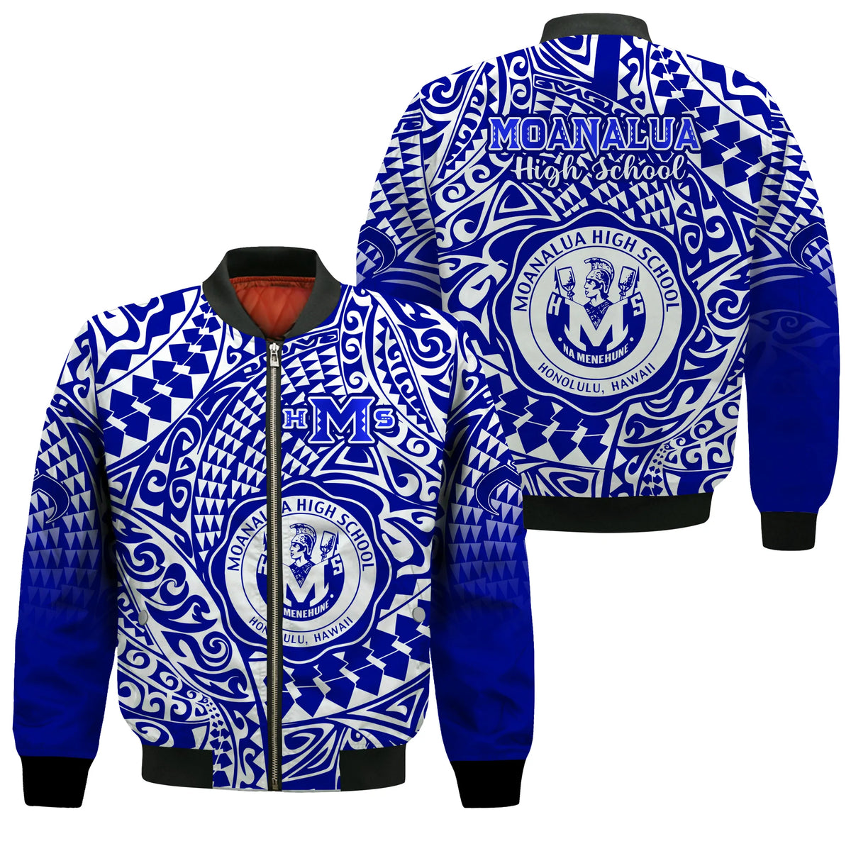 Hawaii Bomber Jacket Moanalua High School Tribal Kakau LT14 Unisex Blue - Polynesian Pride