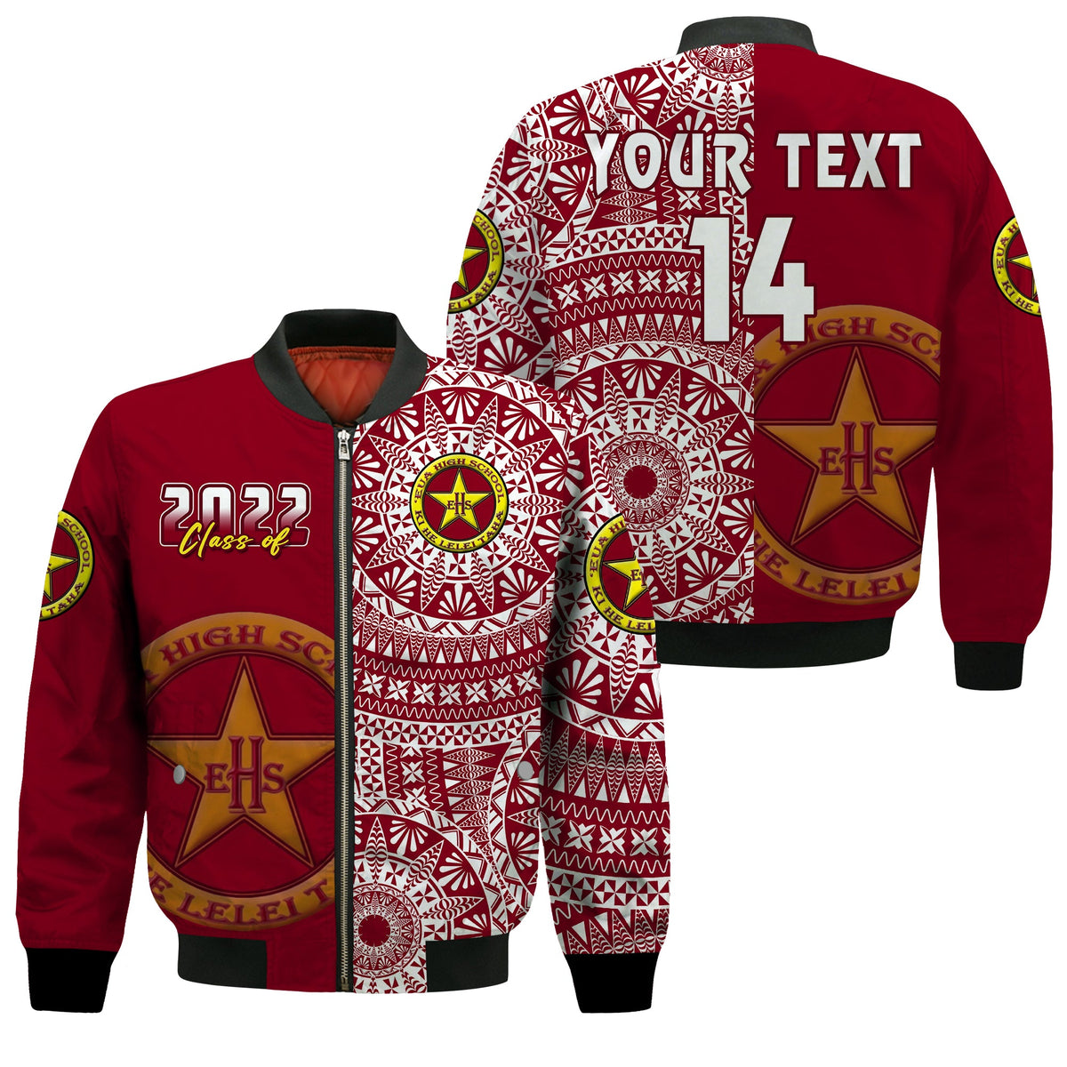 (Custom Text And Number) Tonga Eua High School Bomber Jacket Class Of Year Tongan Ngatu Pattern LT14 Unisex Maroon - Polynesian Pride