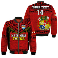 (Custom Text And Number) Tonga Rugby Bomber Jacket Mate Maa Tonga Pacific Ngatu Black LT14 Unisex Red - Polynesian Pride