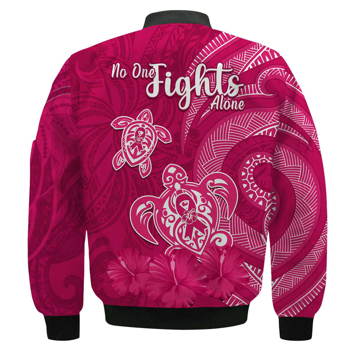 Breast Cancer Awareness Bomber Jacket Hibiscus Polynesian No One Fights Alone LT13 - Polynesian Pride