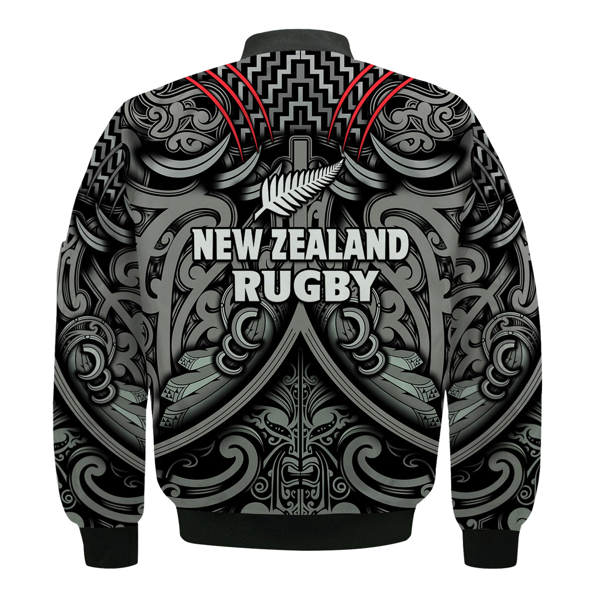 New Zealand Silver Fern Rugby Bomber Jacket All Black NZ Maori Pattern LT13 - Polynesian Pride