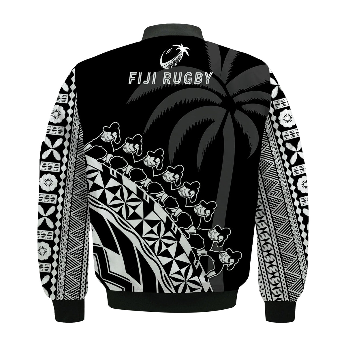 Fiji Rugby Bomber Jacket Fijian Cibi Dance Tapa Pattern Black LT14 - Polynesian Pride