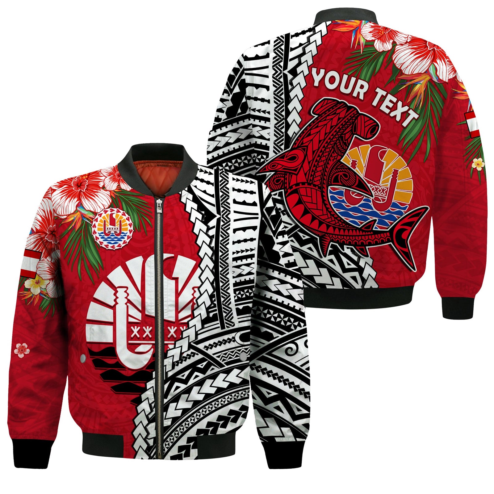 (Custom Personalised) Tahiti Islands Bomber Jacket Polynesian Shark Mix Tropical Flowers LT14 Unisex Red - Polynesian Pride