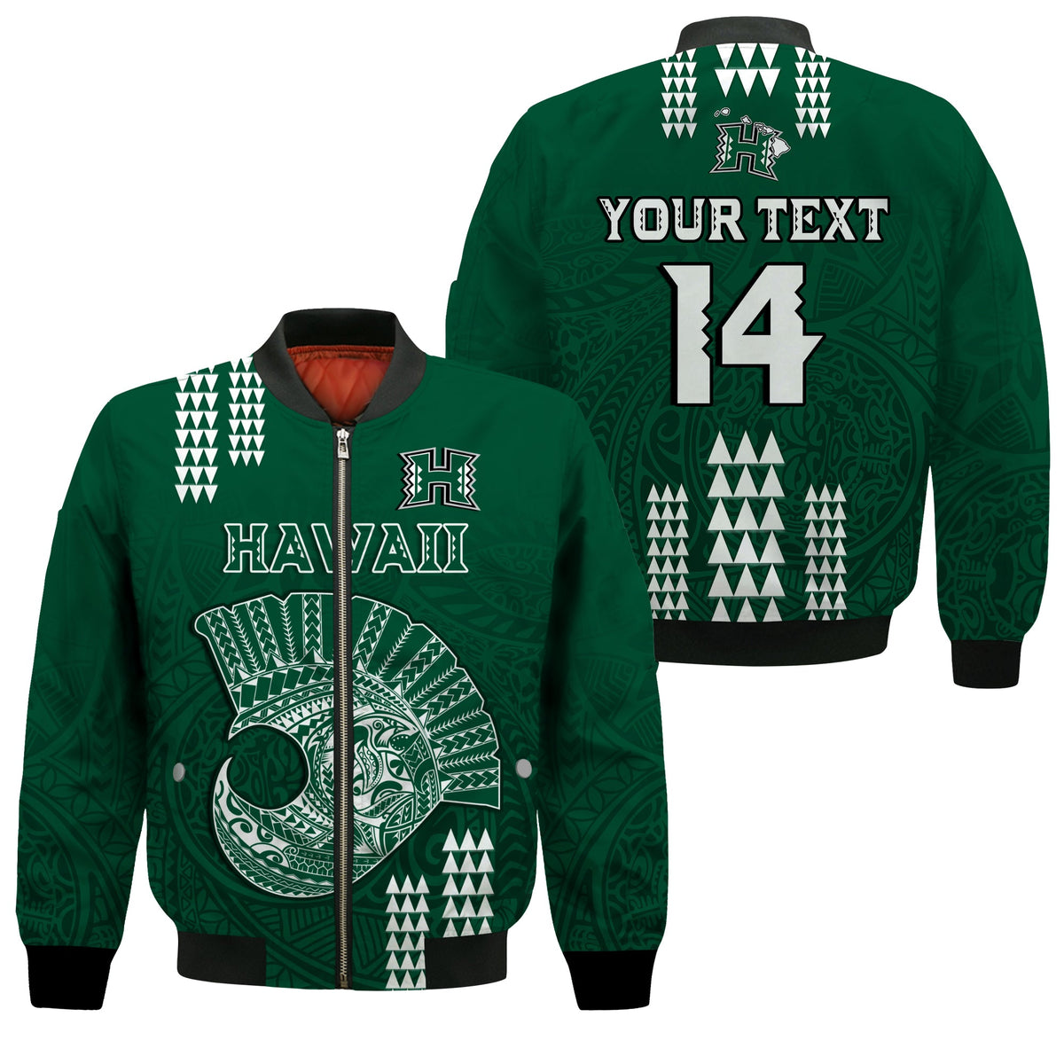 (Custom Text And Number) Hawaii Football Bomber Jacket Kakau Rainbow Warriors Helmet LT14 Unisex Green - Polynesian Pride