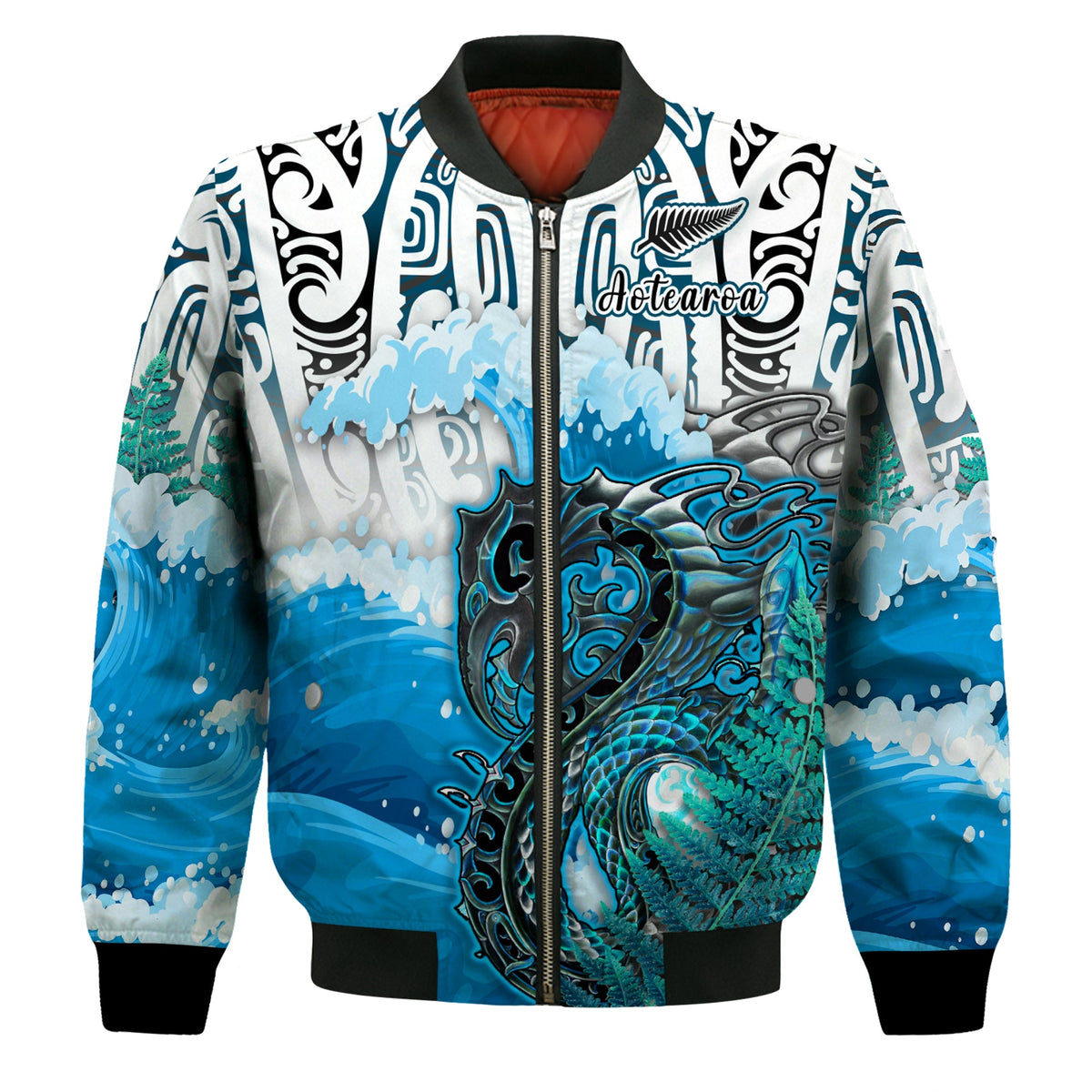 (Custom Personalised) Manaia Maori Bomber Jacket Fern Aotearoa Blue Waves LT13 Unisex Blue - Polynesian Pride