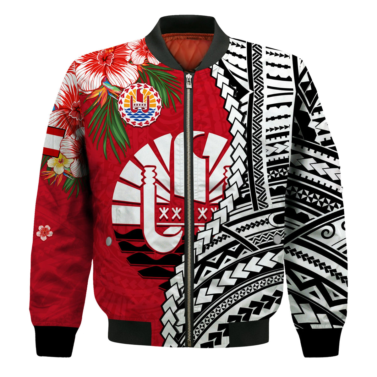 Tahiti Islands Bomber Jacket Polynesian Shark Mix Tropical Flowers LT14 - Polynesian Pride