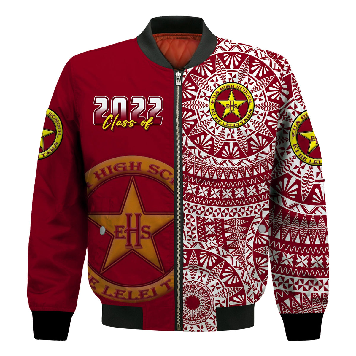 (Custom Text And Number) Tonga Eua High School Bomber Jacket Class Of Year Tongan Ngatu Pattern LT14 - Polynesian Pride