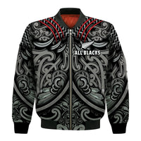 New Zealand Silver Fern Rugby Bomber Jacket All Black NZ Maori Pattern LT13 Unisex Black - Polynesian Pride