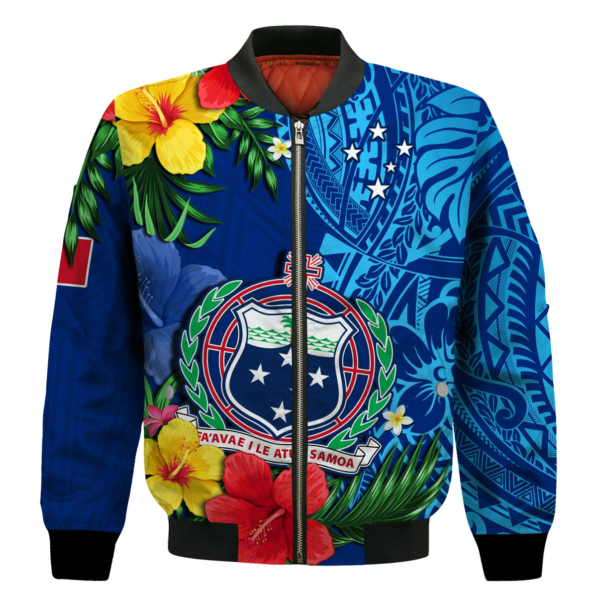 (Custom Personalised) Samoa Bomber Jacket Coat Of Arms Mix Tropical Flowers LT14 - Polynesian Pride