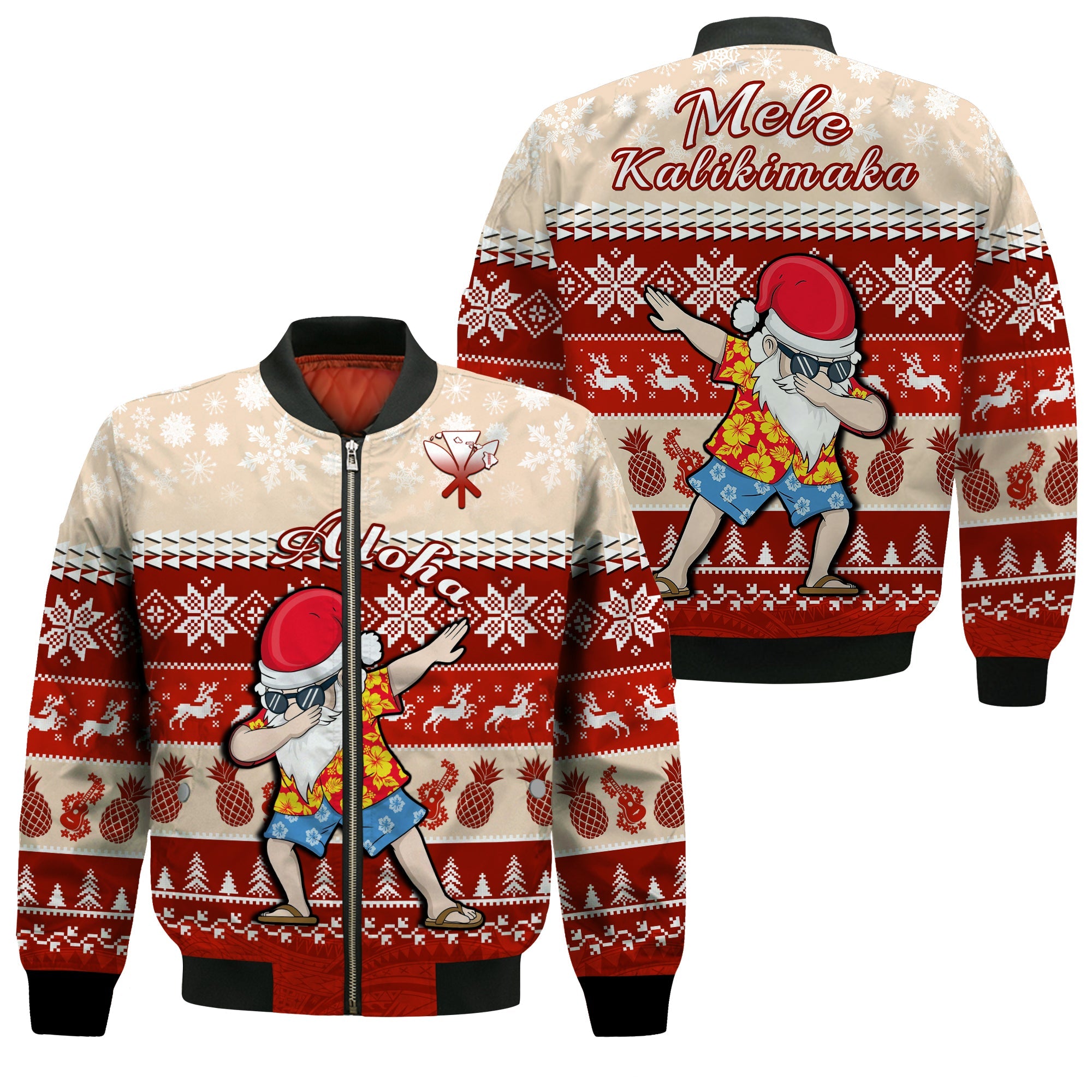 Hawaii Mele Kalikimaka Bomber Jacket Dabbing Santa Red Merry Christmas LT14 Unisex Red - Polynesian Pride