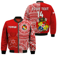 (Custom Text And Number) Tonga Bomber Jacket Tongan Coat Of Arms Ngatu Pattern LT14 Unisex Red - Polynesian Pride