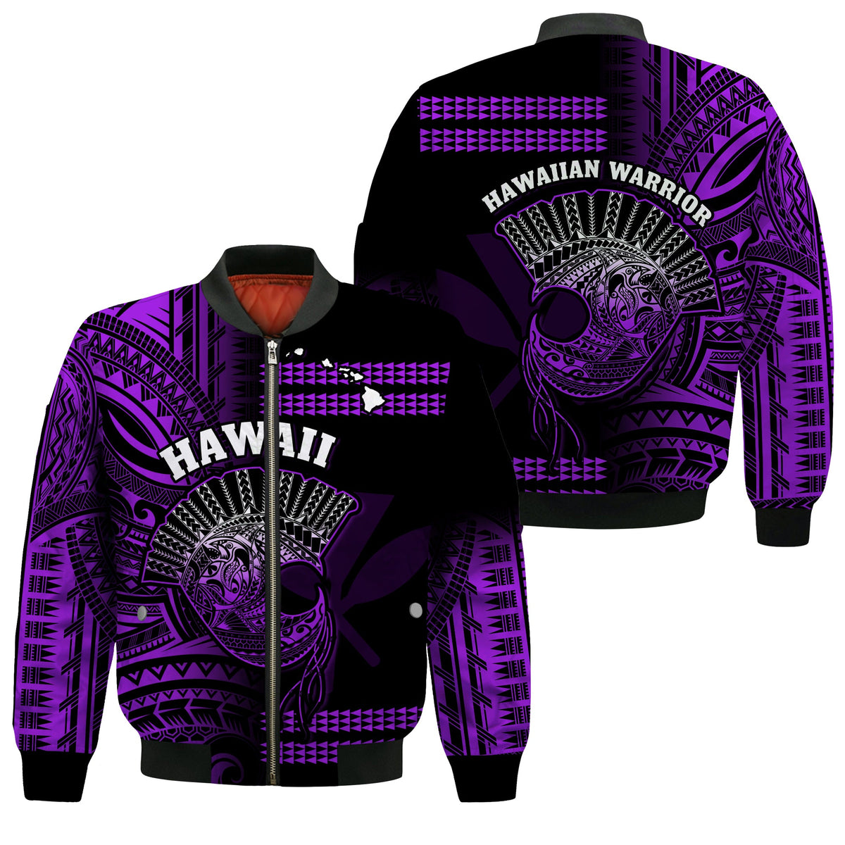 Hawaii Bomber Jacket Kakau Warrior Helmet Gradient Purple Polynesian LT14 Unisex Purple - Polynesian Pride