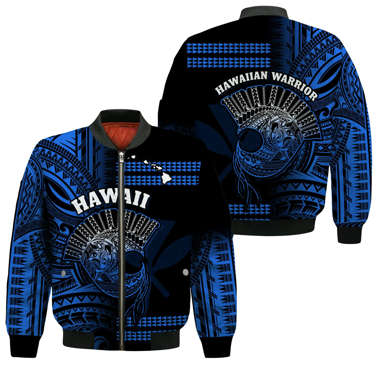 Hawaii Bomber Jacket Kakau Warrior Helmet Gradient Blue Polynesian LT14 Unisex Blue - Polynesian Pride