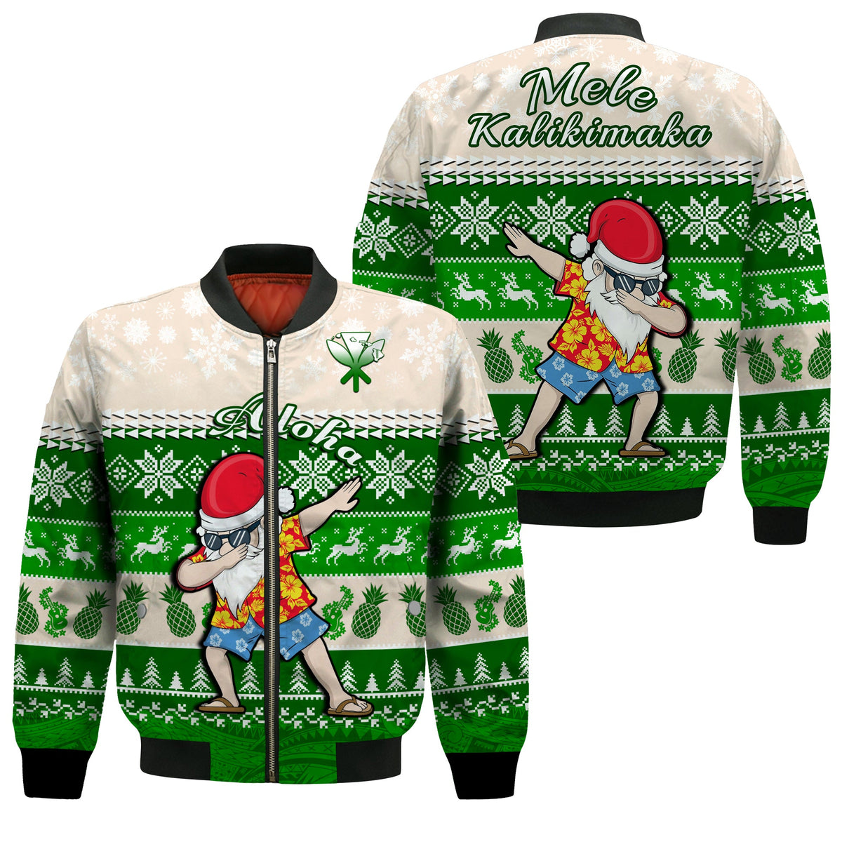 Hawaii Mele Kalikimaka Bomber Jacket Dabbing Santa Green Merry Christmas LT14 Unisex Green - Polynesian Pride