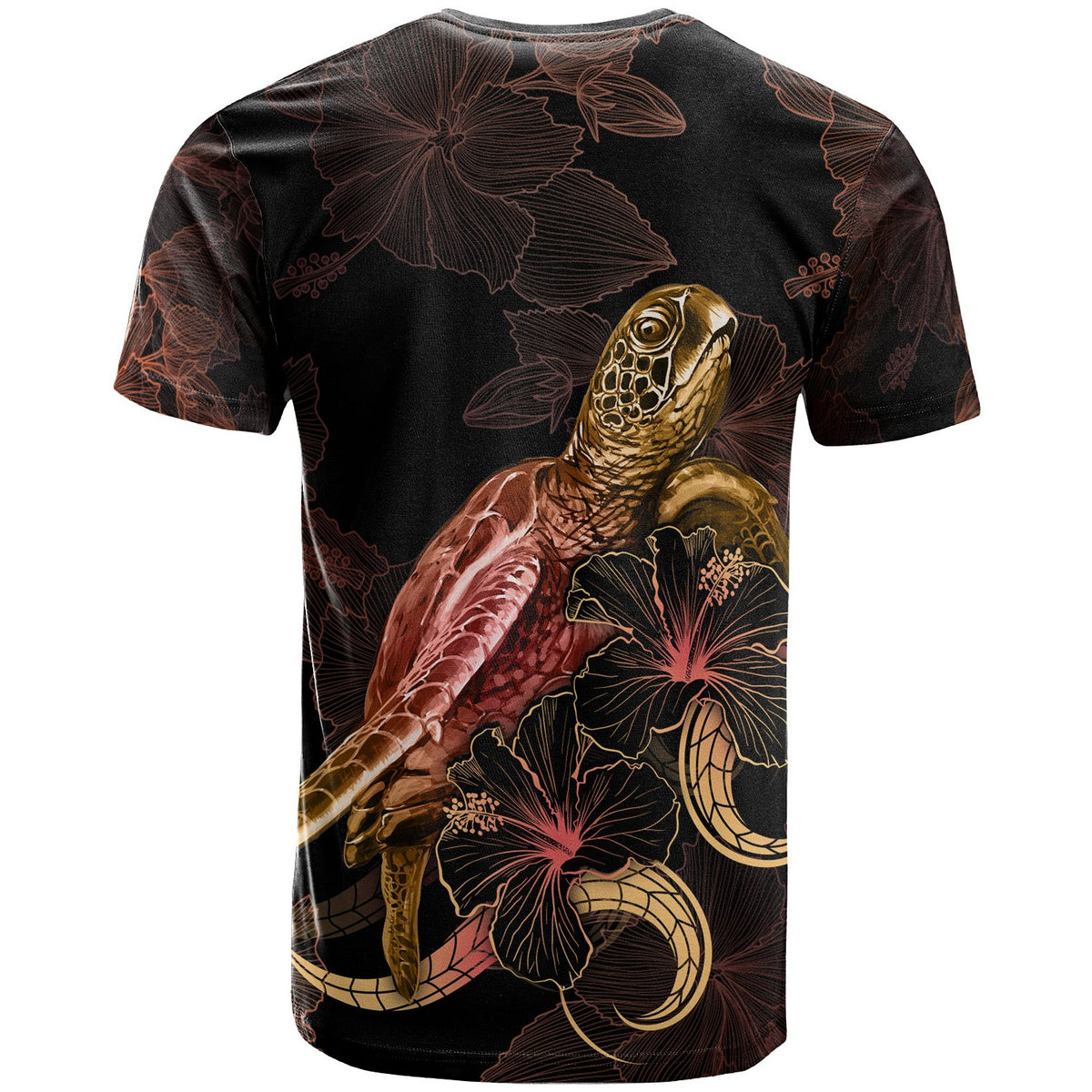 American Samoa Polyneisan T Shirt Turtle With Blooming Hibiscus Gold - Polynesian Pride
