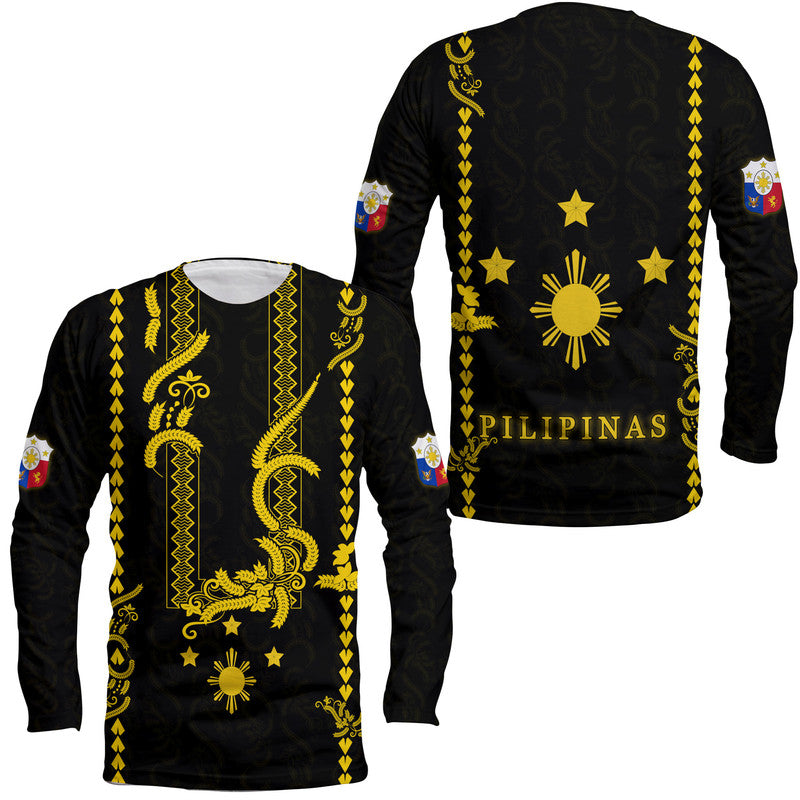 Philippines Long Sleeve Shirt Pechera With Side Barong Patterns LT9 Unisex Black - Polynesian Pride