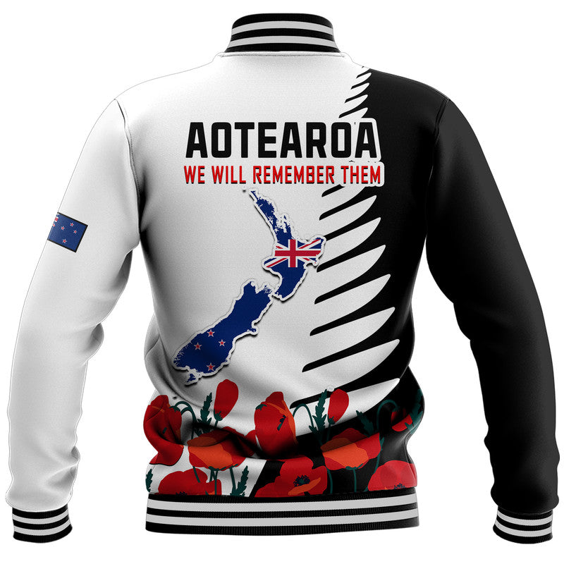 New Zealand ANZAC Day Baseball Jacket Military Silver Ferns and Red Poppy LT9 - Polynesian Pride