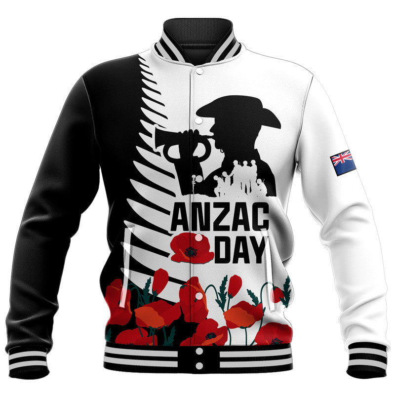 New Zealand ANZAC Day Baseball Jacket Military Silver Ferns and Red Poppy LT9 Unisex Black - Polynesian Pride