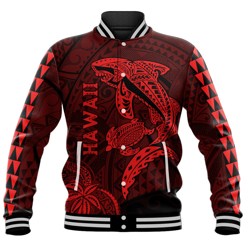 Hawaii Baseball Jacket Shark and Turtle Mix Kakau Red LT9 Unisex Red - Polynesian Pride