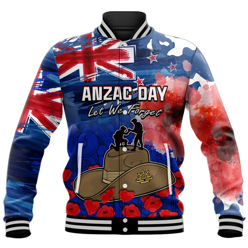 New Zealand ANZAC Day Baseball Jacket Grunge Aotearoa Flag and Red Poppy LT9 Unisex Blue - Polynesian Pride