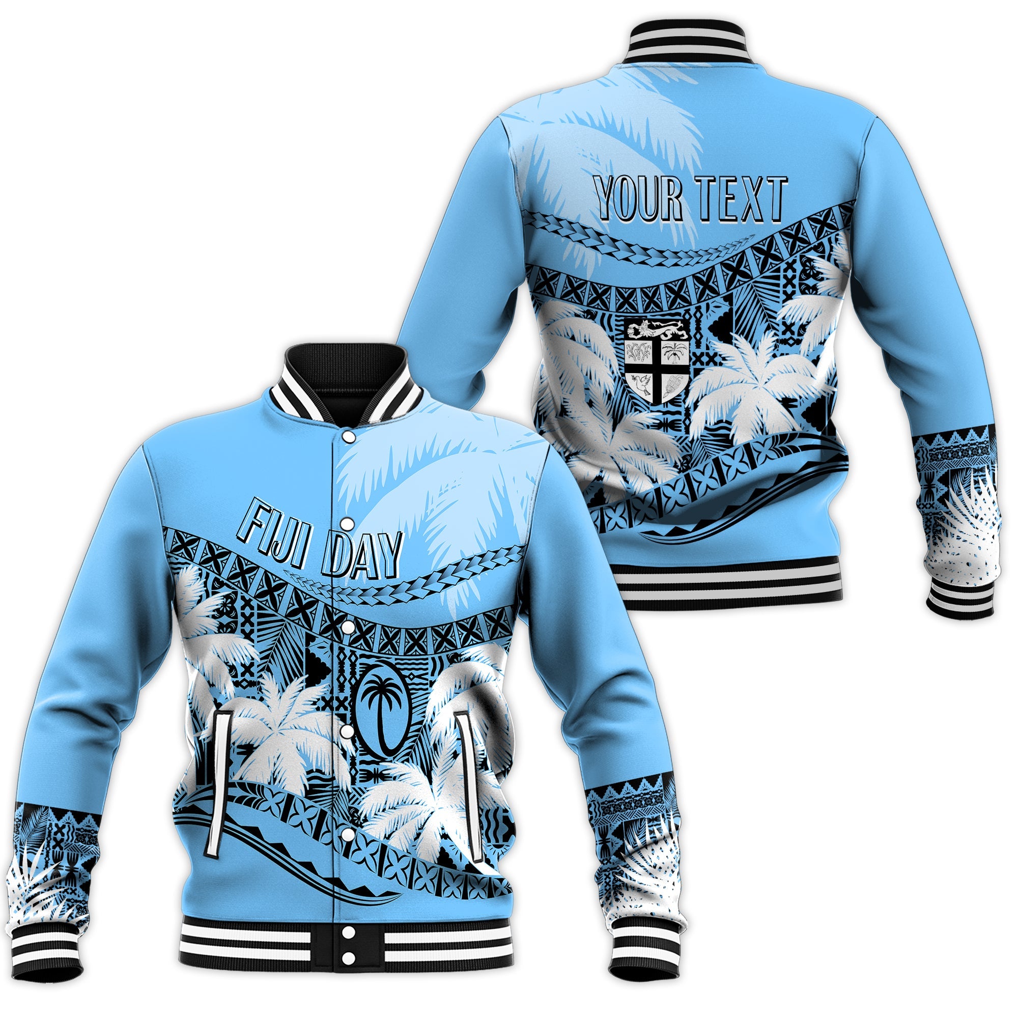 Personalised Fiji Day Baseball Jacket Flying Fijians Masi Kesa Style - Turquoise LT7 Unisex Turquoise - Polynesian Pride