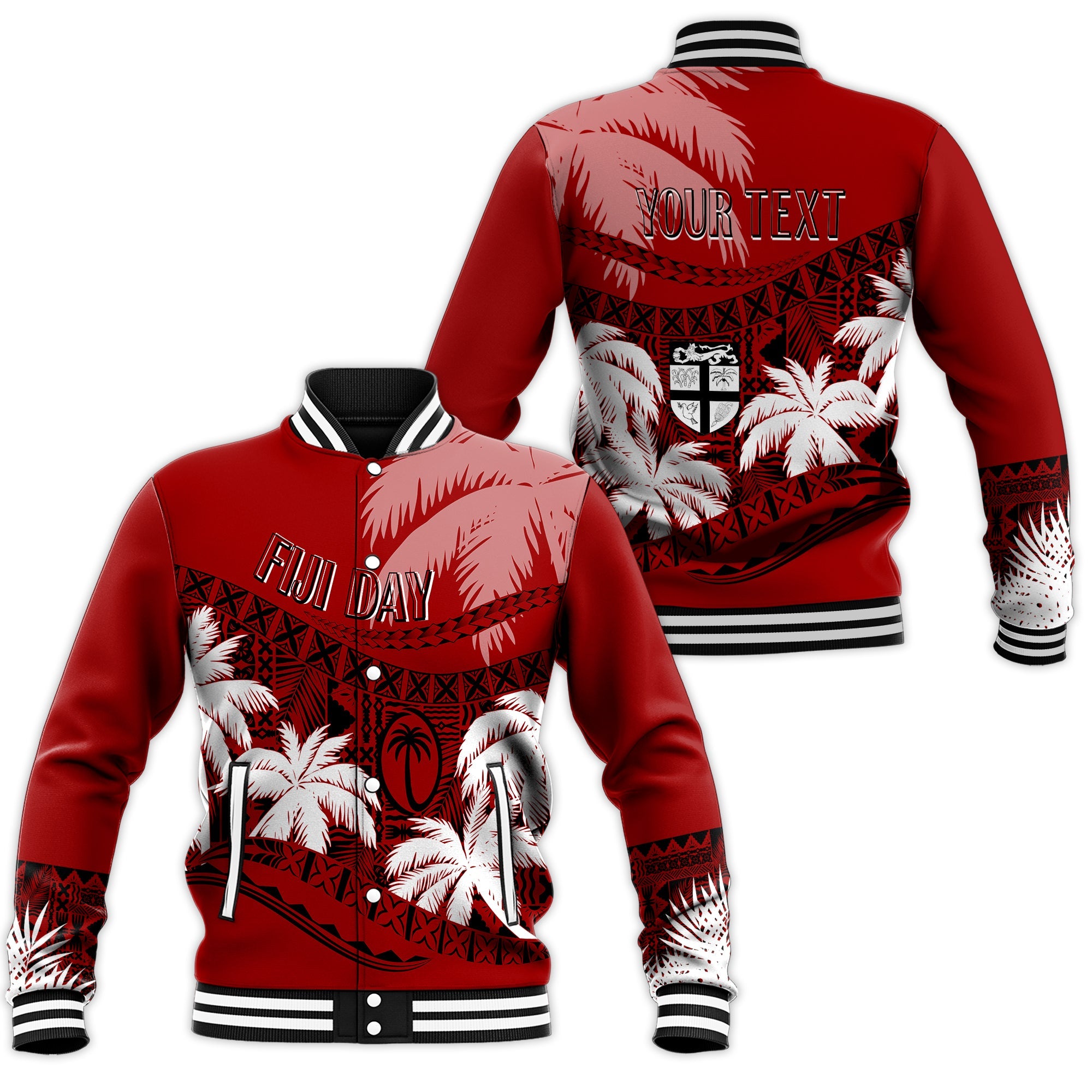 Personalised Fiji Day Baseball Jacket Flying Fijians Masi Kesa Style - Red LT7 Unisex Red - Polynesian Pride