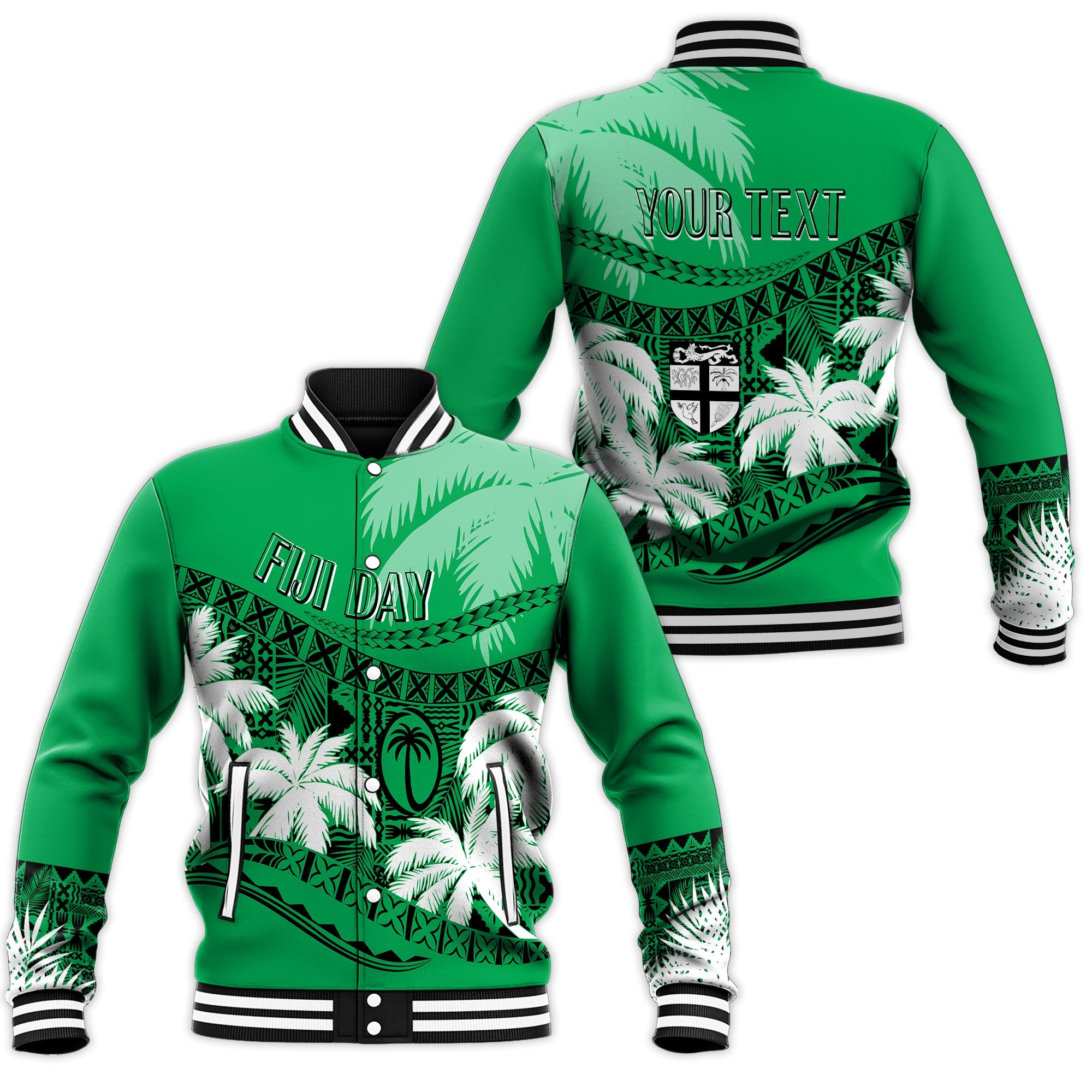 Personalised Fiji Day Baseball Jacket Flying Fijians Masi Kesa Style - Green LT7 Unisex Green - Polynesian Pride