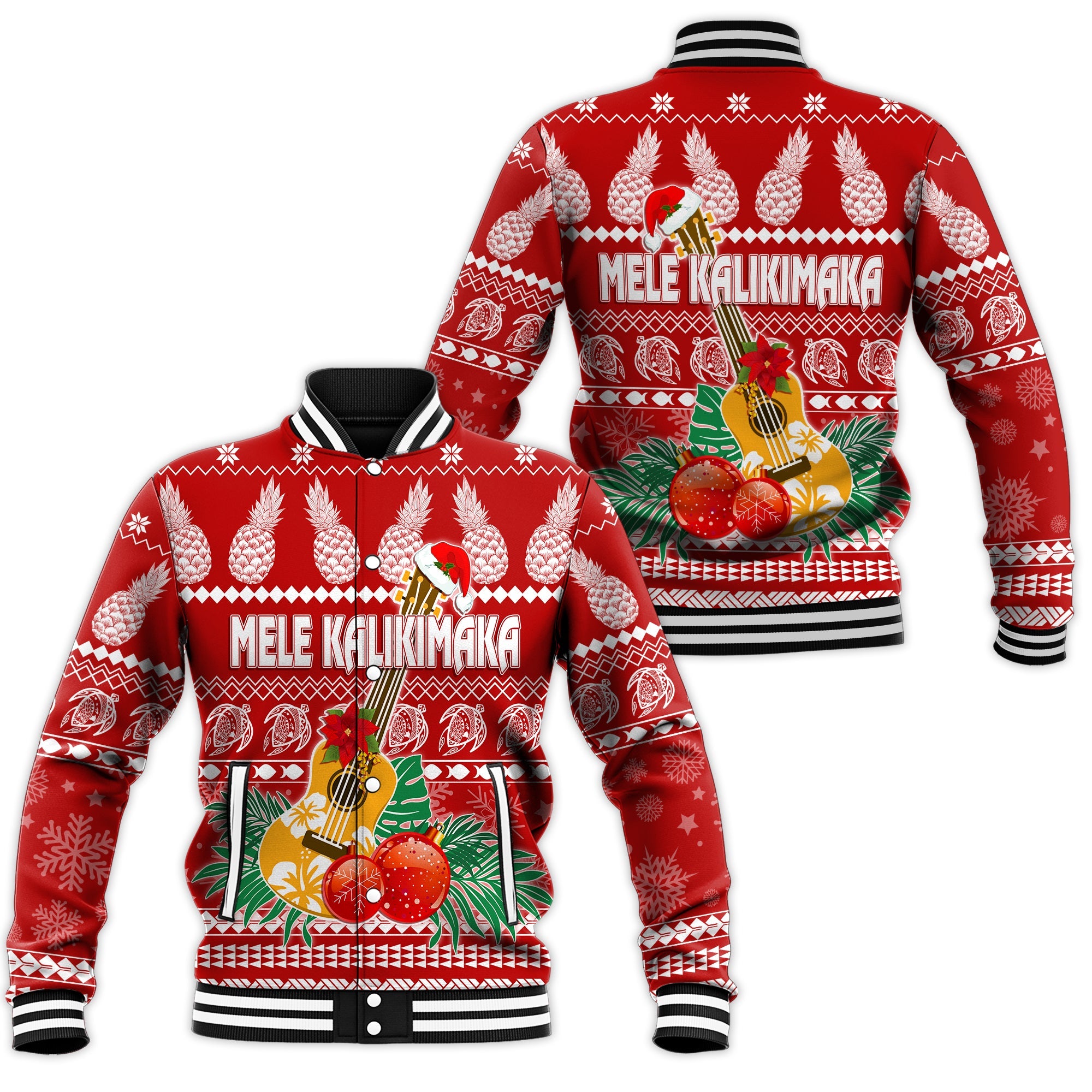 Hawaii Christmas Baseball Jacket Mele Kalikimaka - Ukulele LT7 Unisex Red - Polynesian Pride