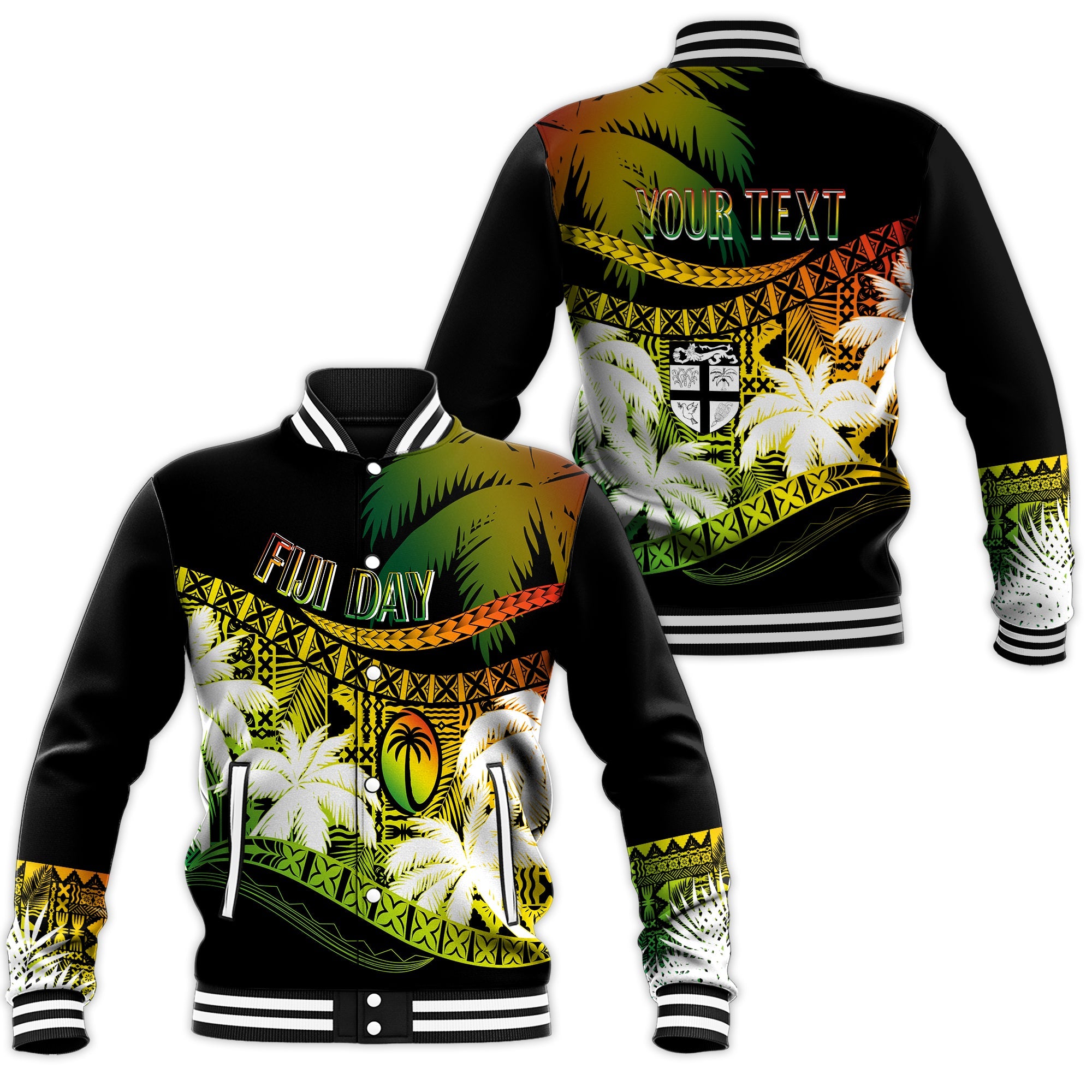 Personalised Fiji Day Baseball Jacket Flying Fijians Masi Kesa Style - Reggae LT7 Unisex Reggae - Polynesian Pride