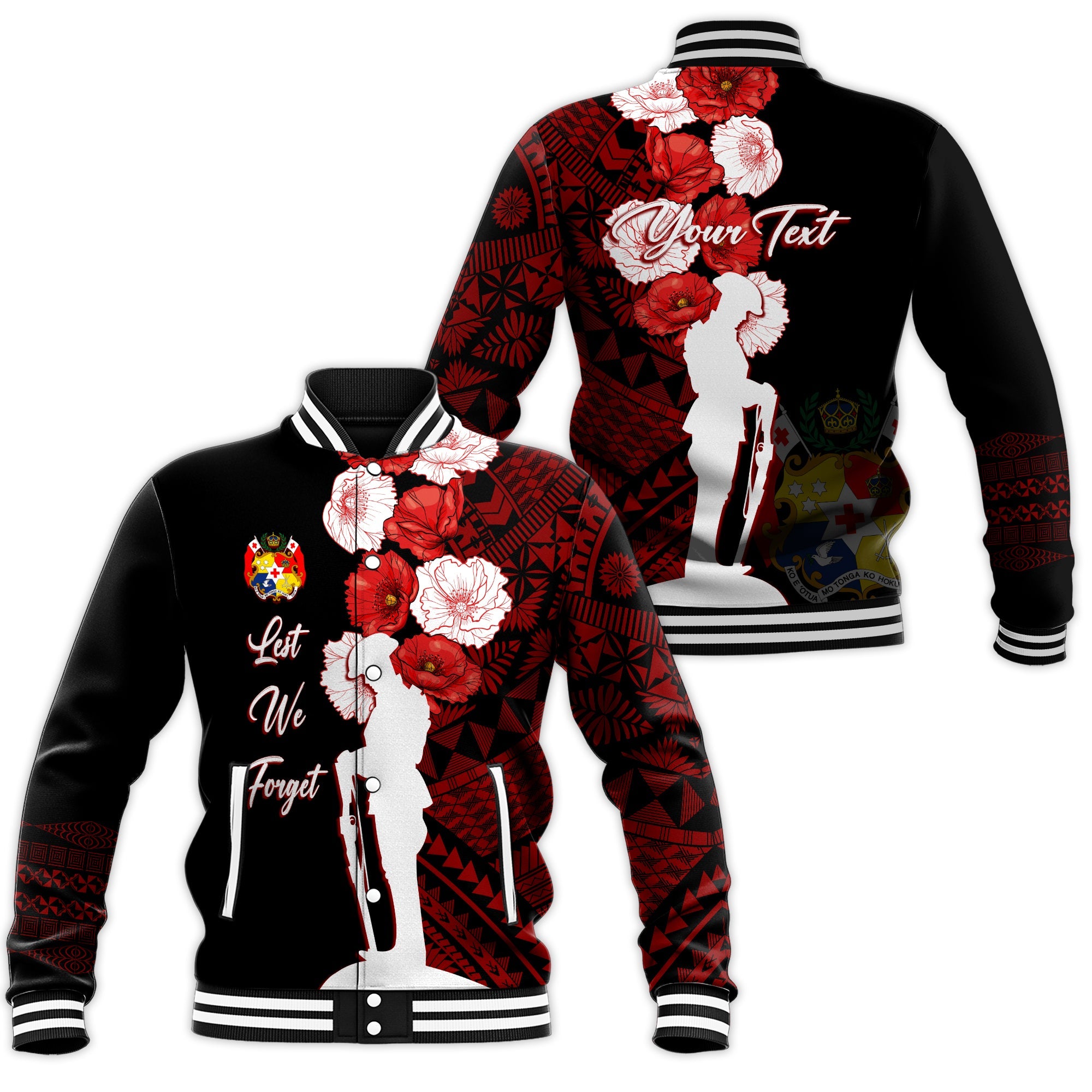 Tonga Baseball Jacket Anzac Day Lest We Forget LT7 Unisex Black - Polynesian Pride