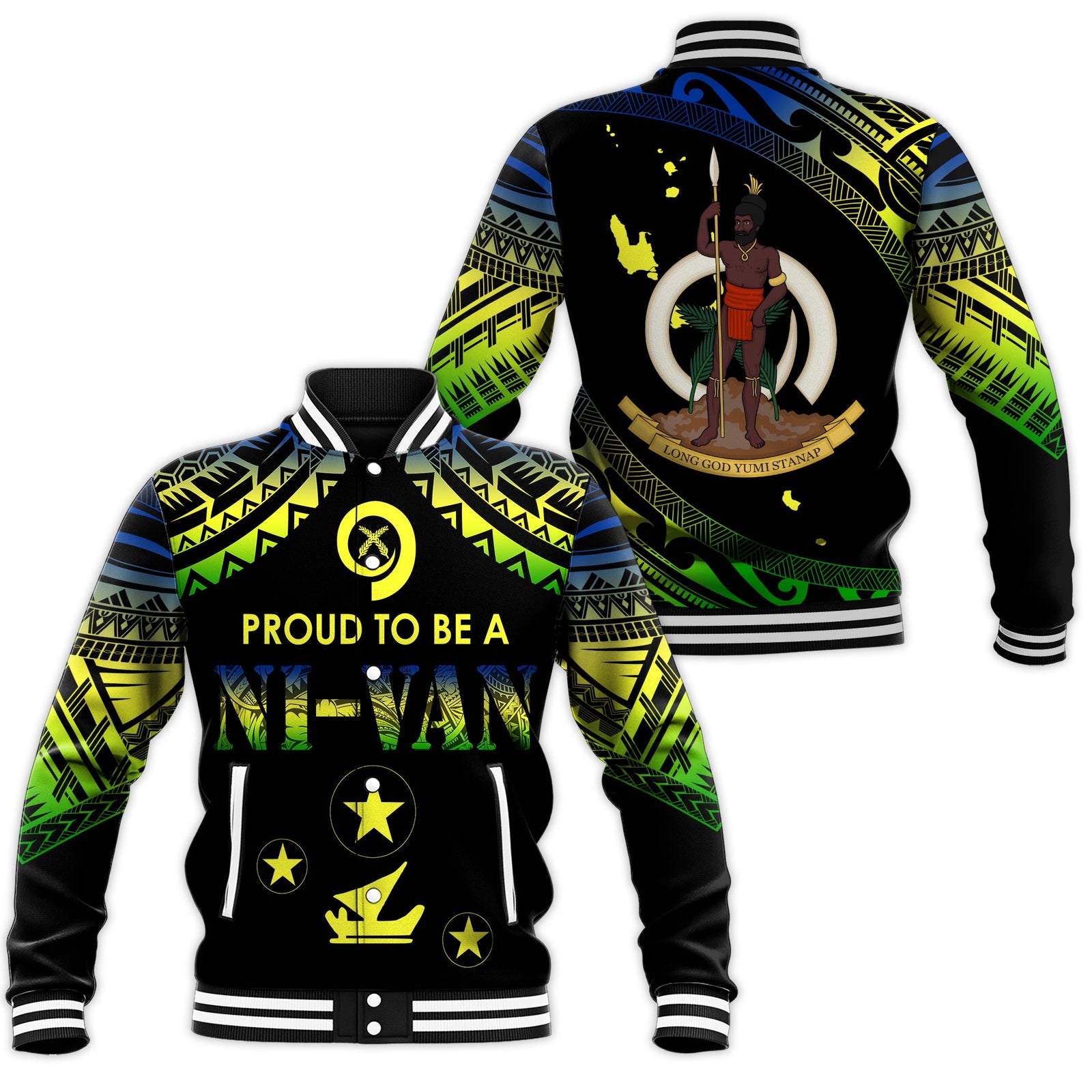 Vanuatu Proud To Be A Ni-Van - Polynesian Pattern Baseball Jacket - Malampa Province LT7 Unisex Black - Polynesian Pride