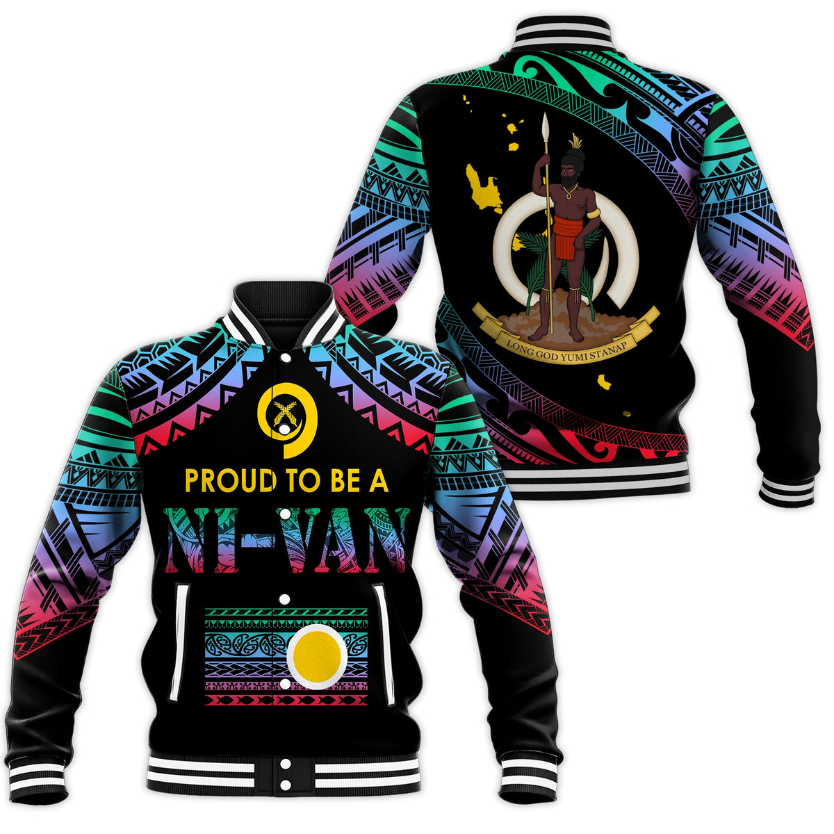 Vanuatu Proud To Be A Ni-Van - Polynesian Pattern Baseball Jacket - Shefa Province LT7 Unisex Black - Polynesian Pride