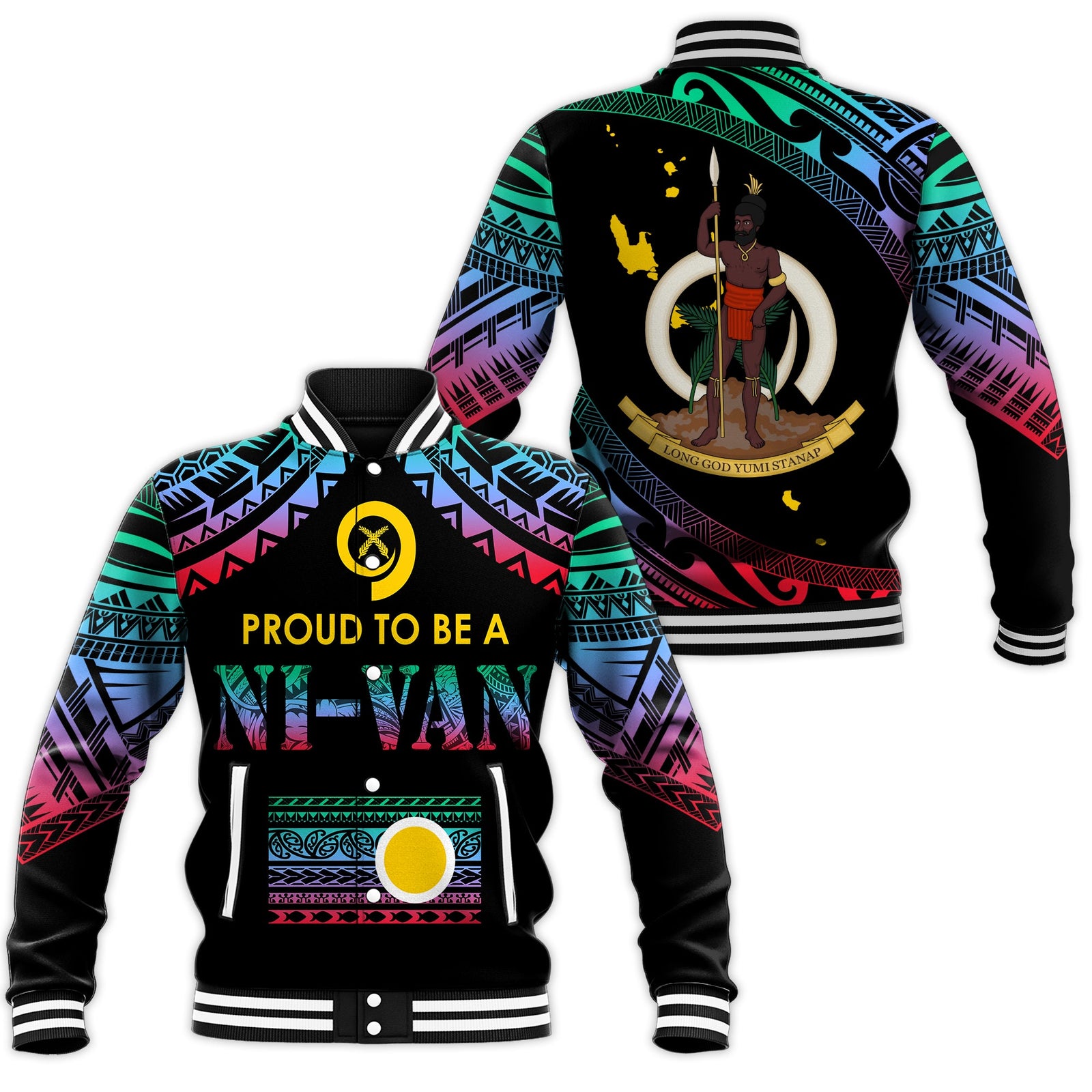 Vanuatu Proud To Be A Ni-Van - Polynesian Pattern Baseball Jacket - Shefa Province LT7 Unisex Black - Polynesian Pride