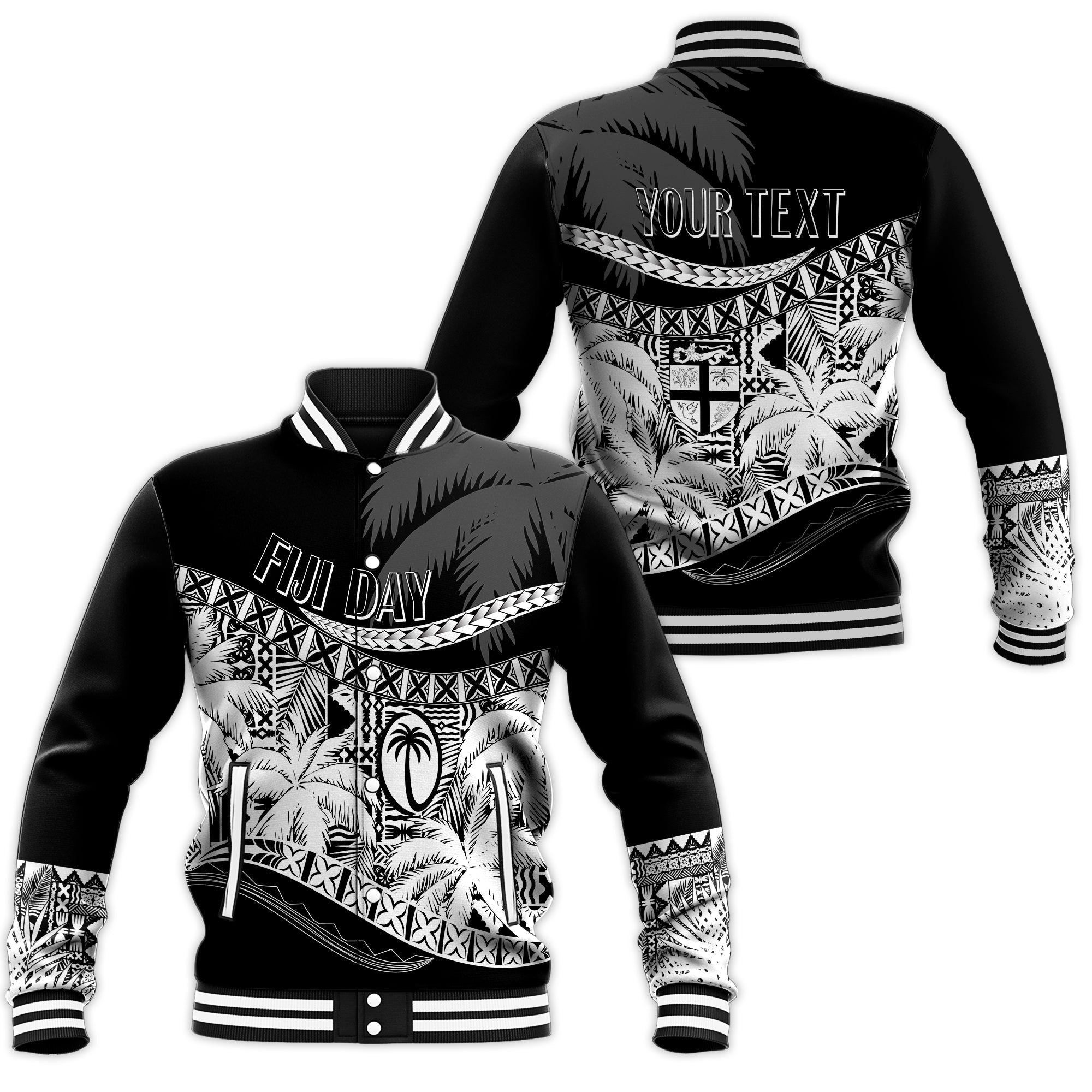 Personalised Fiji Day Baseball Jacket Flying Fijians Masi Kesa Style - Black LT7 Unisex Black - Polynesian Pride
