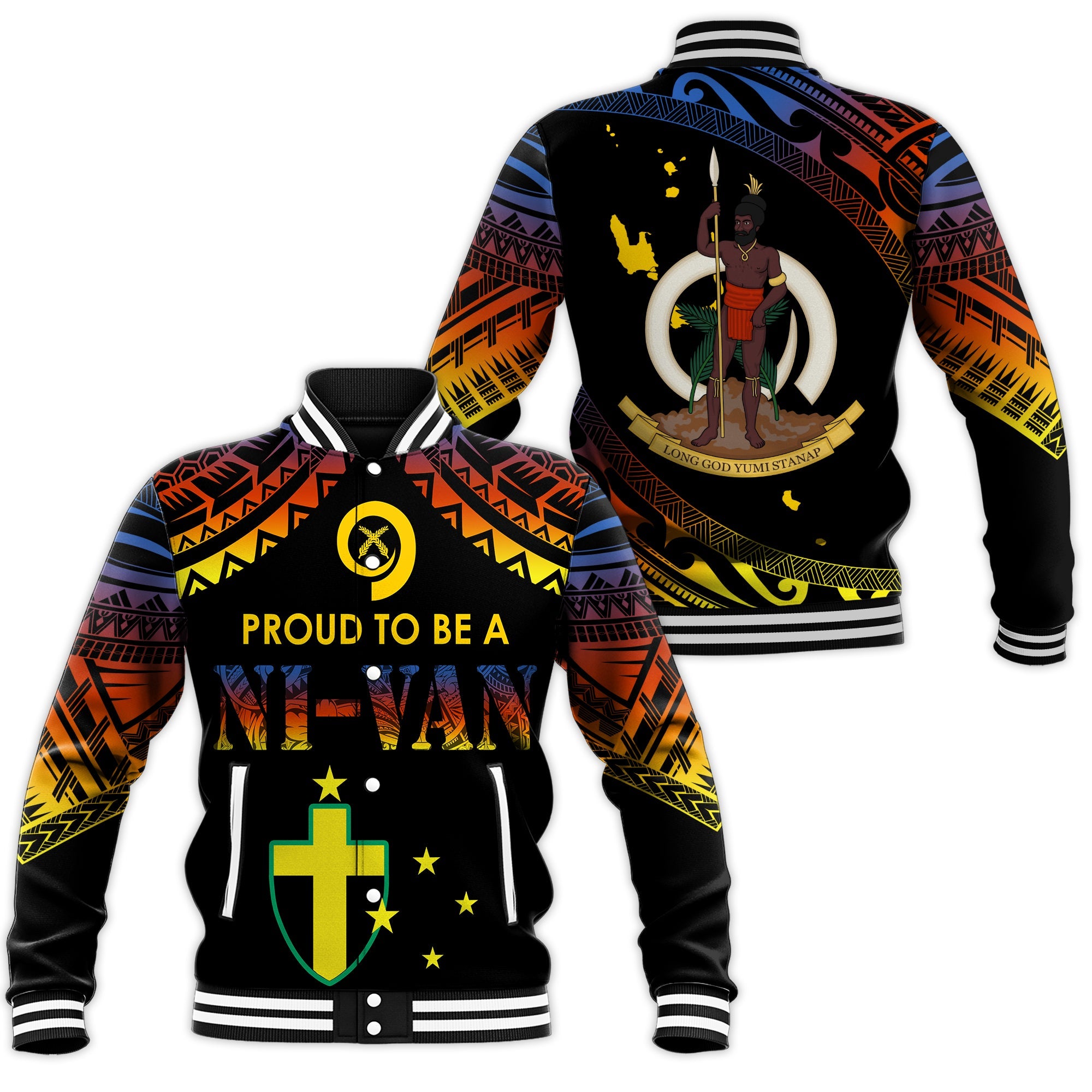 Vanuatu Proud To Be A Ni-Van - Polynesian Pattern Baseball Jacket - Tafea Province LT7 Unisex Black - Polynesian Pride