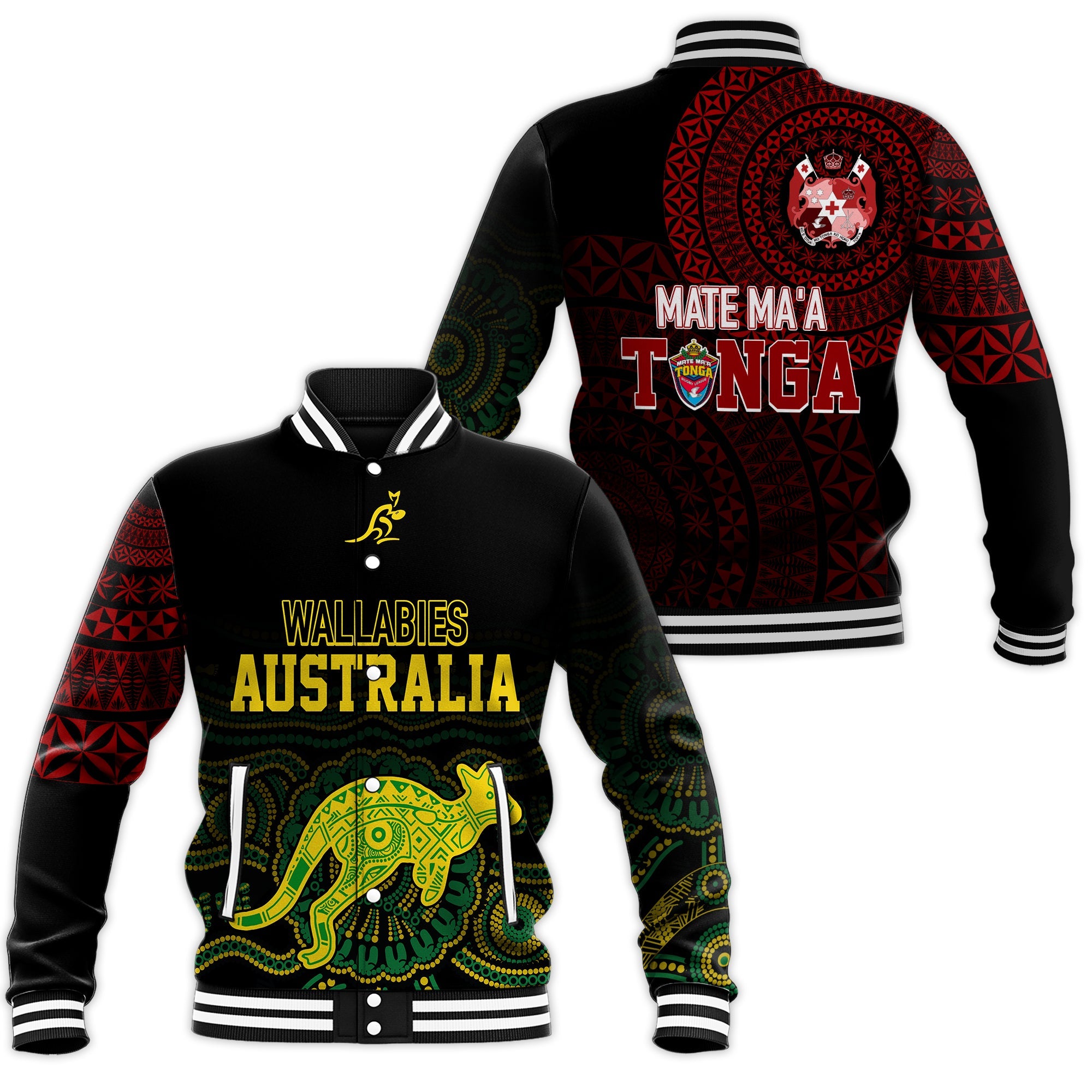 Personalised Aussie Wallabies Mix Mate Maa Tonga Baseball Jacket Ver 02 LT7 Unisex Black - Polynesian Pride