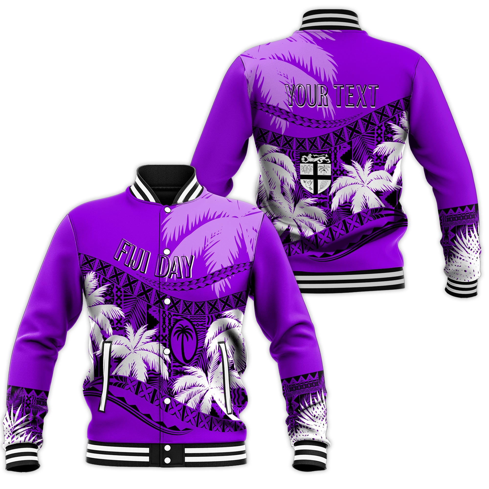 Personalised Fiji Day Baseball Jacket Flying Fijians Masi Kesa Style - Violet LT7 Unisex Violet - Polynesian Pride