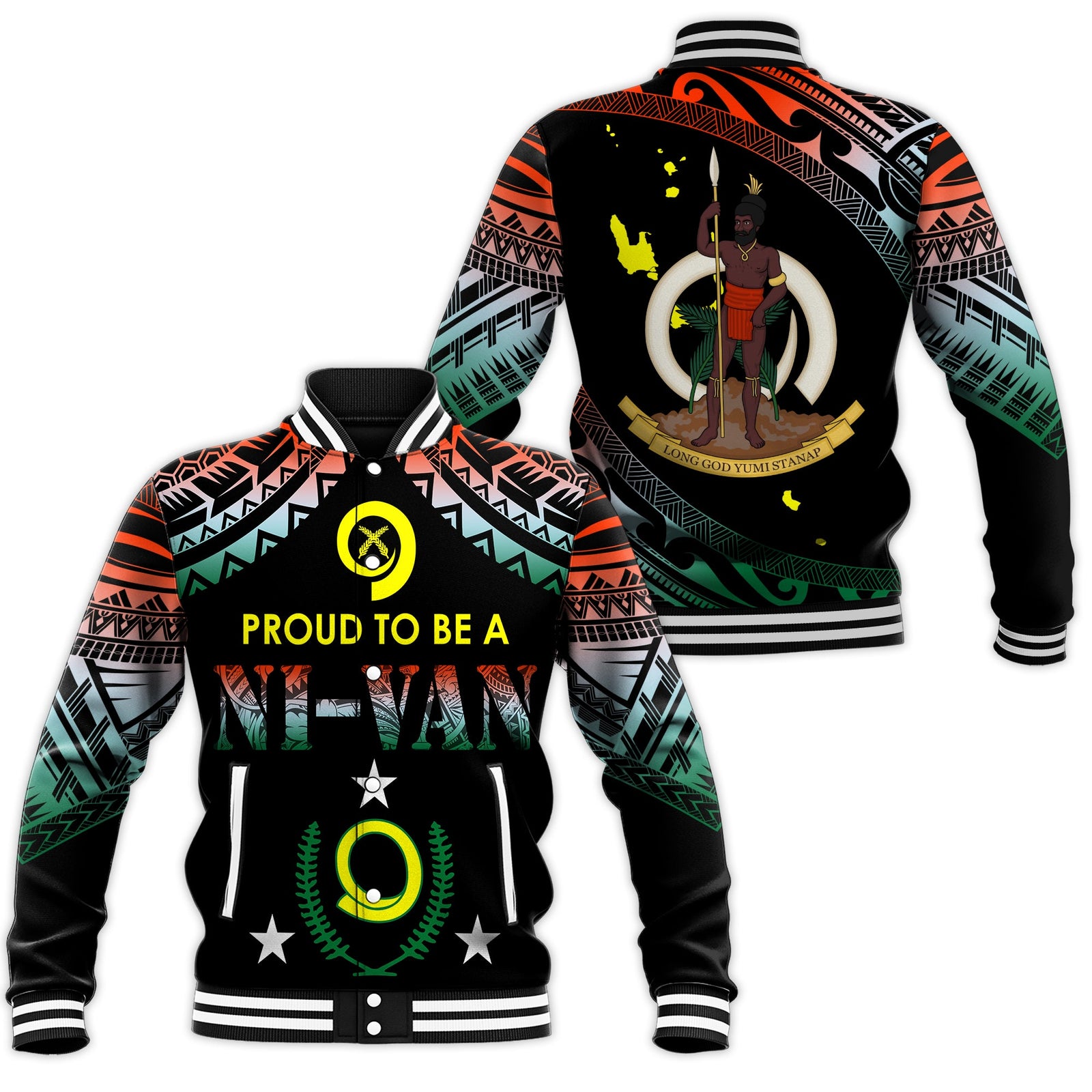 Vanuatu Proud To Be A Ni-Van - Polynesian Pattern Baseball Jacket - Penama Province LT7 Unisex Black - Polynesian Pride