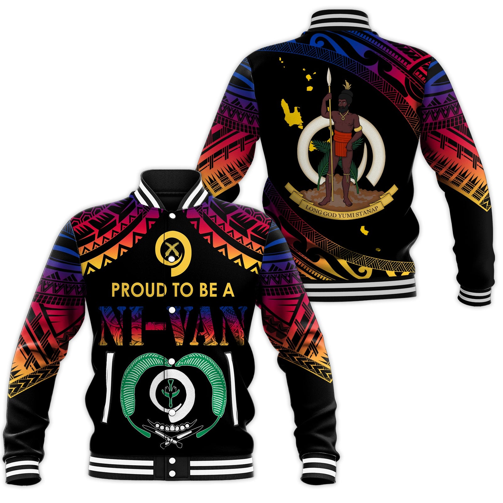 Vanuatu Proud To Be A Ni-Van - Polynesian Pattern Baseball Jacket - Torba Province LT7 Unisex Black - Polynesian Pride