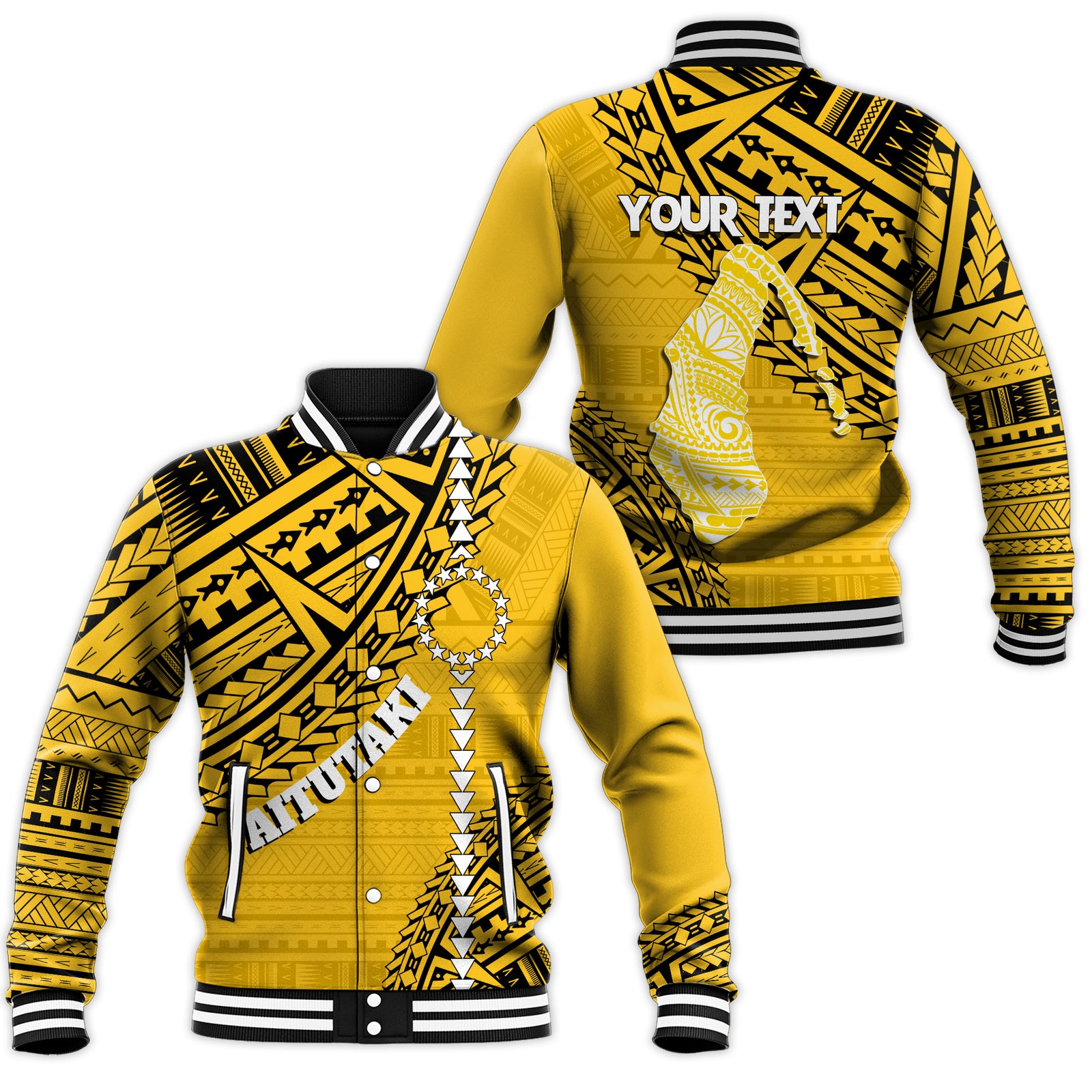 Cook Islands Tribal Personalised Baseball Jacket Island Map - Aitutaki Island LT7 Unisex Yellow - Polynesian Pride