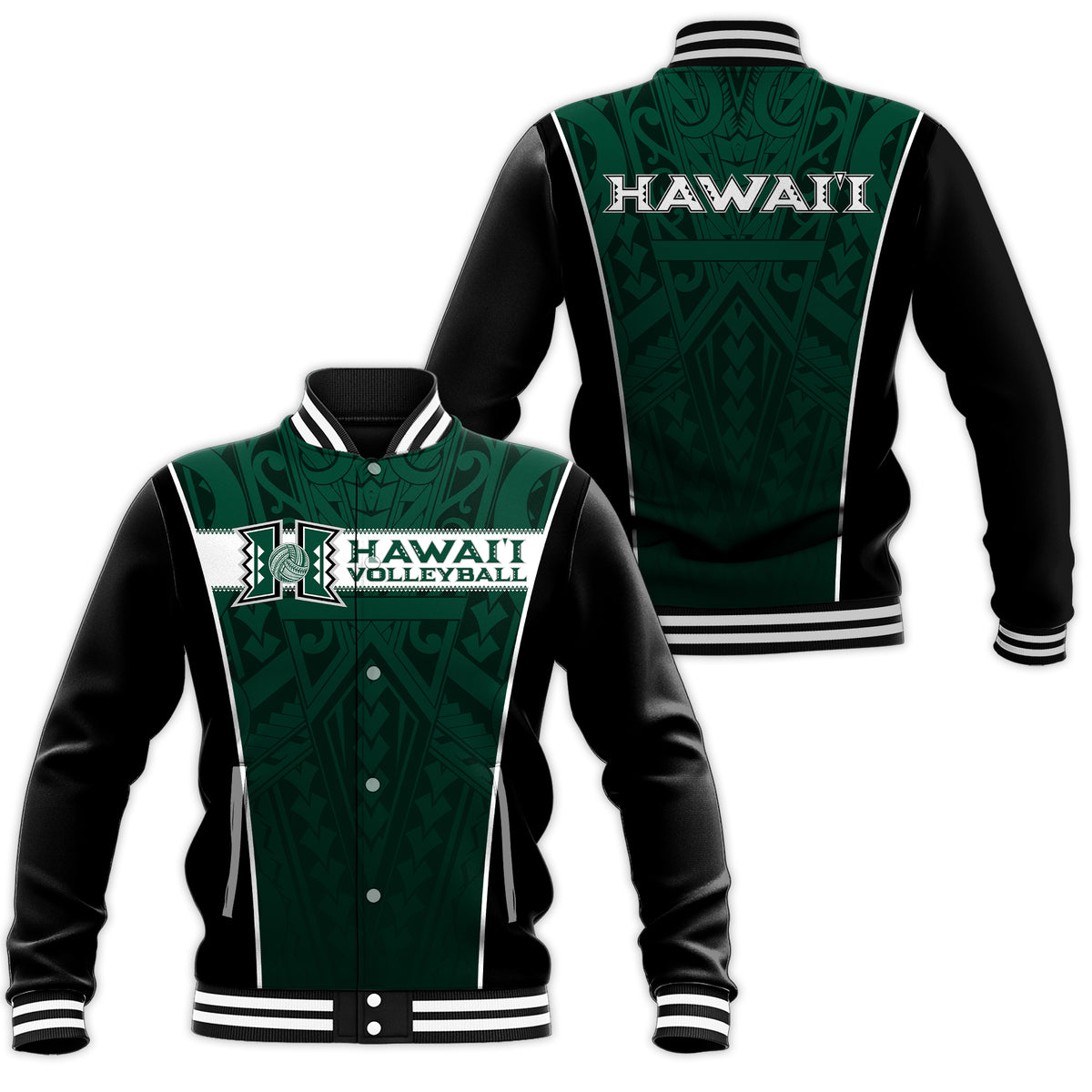 Hawaii Volleyball Green Warrior Baseball Jacket - LT2 Unisex GREEN - Polynesian Pride