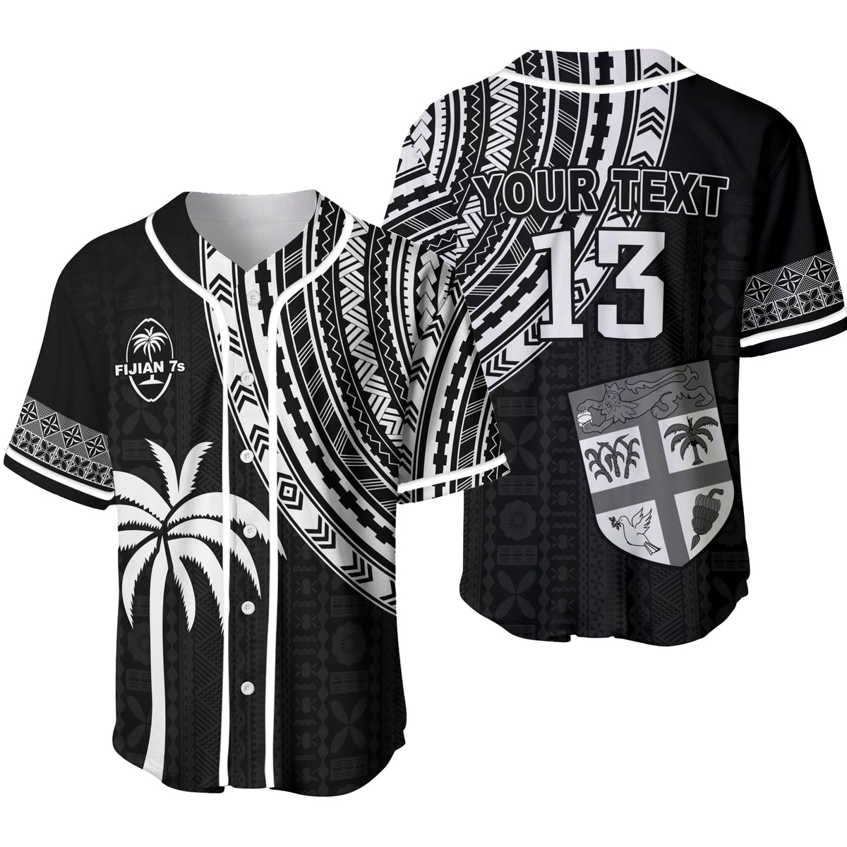 (Custom Personalised) Fiji Rugby Sevens Baseball Jersey Fijian 7s Tapa Polynesian - Custom Text and Number LT13 Unisex Black - Polynesian Pride