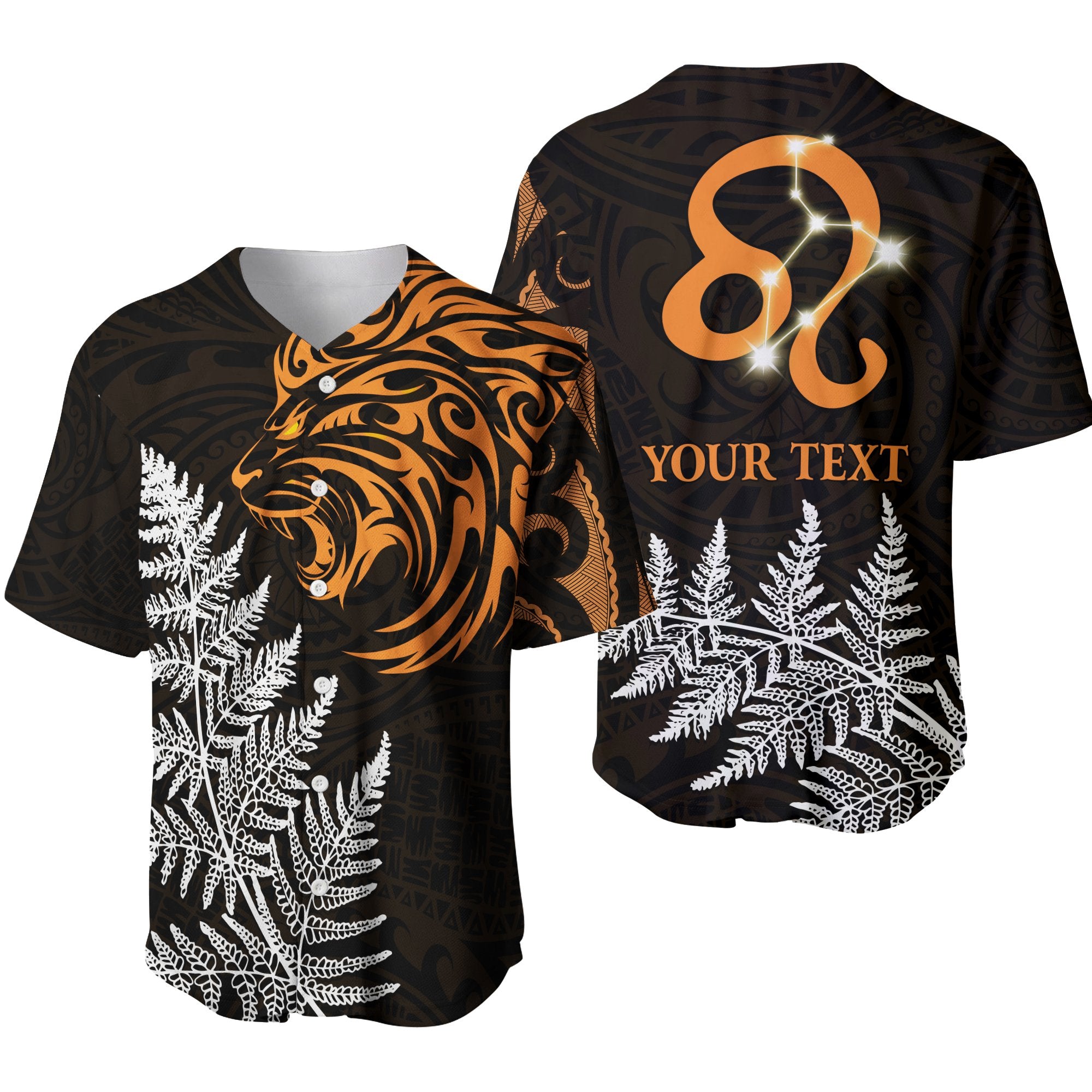 (Custom Personalised) Leo Zodiac Style Maori Baseball Jersey Orange Lion LT13 Black - Polynesian Pride