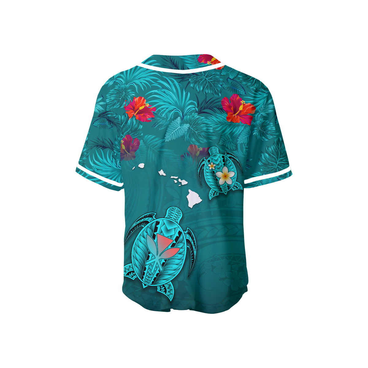 (Custom Personalised) Hawaiian Islands Baseball Jersey - Hawaii Tropical Flowers and Turtles Turquoise LT13 - Polynesian Pride