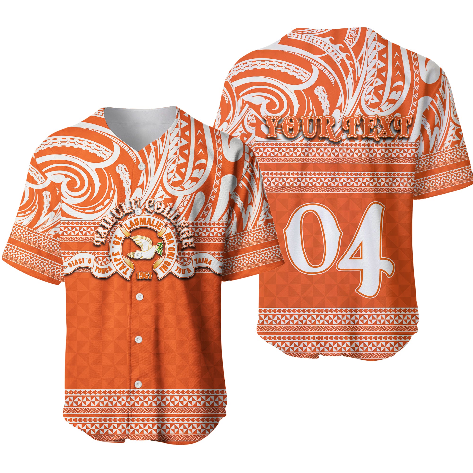 (Custom Personalised) Tailulu College Baseball jersey Tonga Patterns LT6 Orange - Polynesian Pride